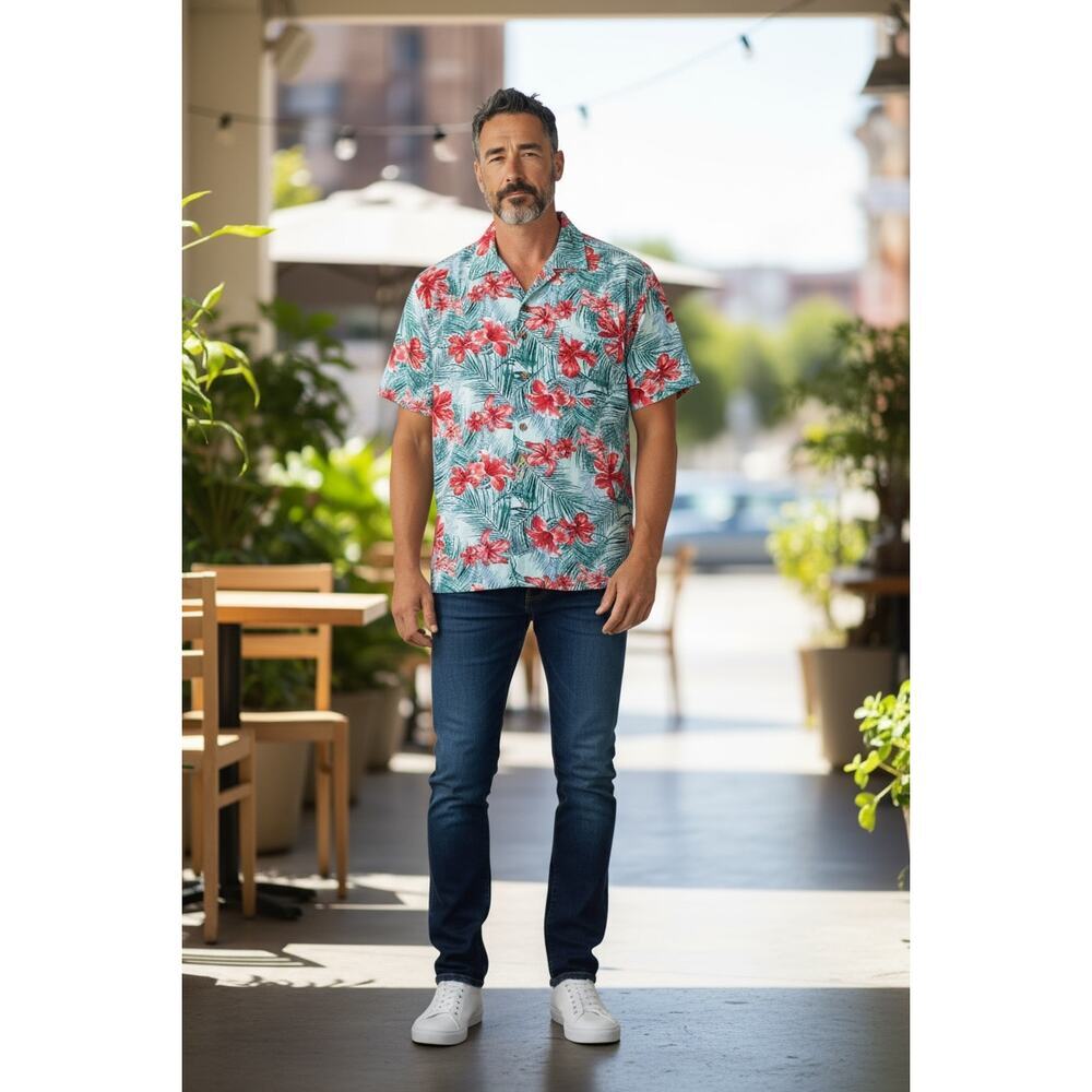 KS Island Men's Blue Palm + Red Floral Tropical Hawaiian Camp Shirt Size 5XL